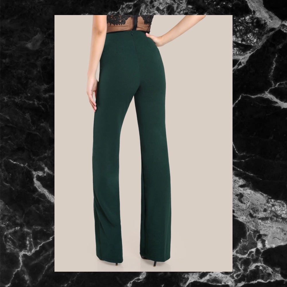 FOREST GREEN HIGH RISE PIPED DRESS PANTS - Picture 3 of 5